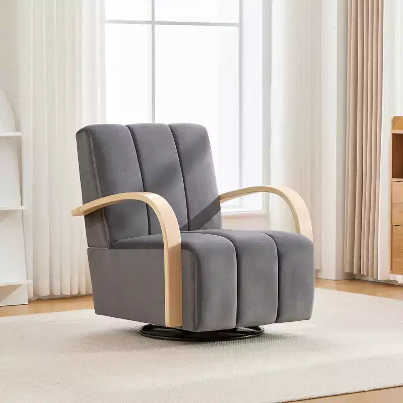 Mid-Century Upholstered Swivel Lounge Chair with Solid Wood Armrests, Accent Chair for Living Room
