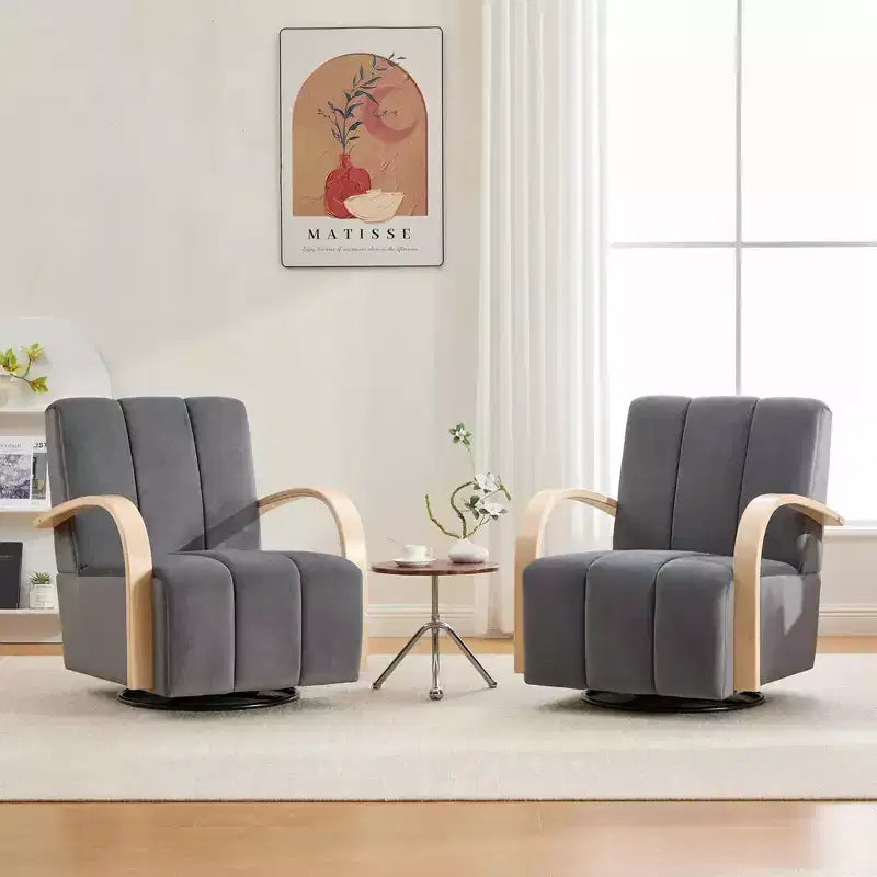 Mid-Century Upholstered Swivel Lounge Chair with Solid Wood Armrests, Accent Chair for Living Room