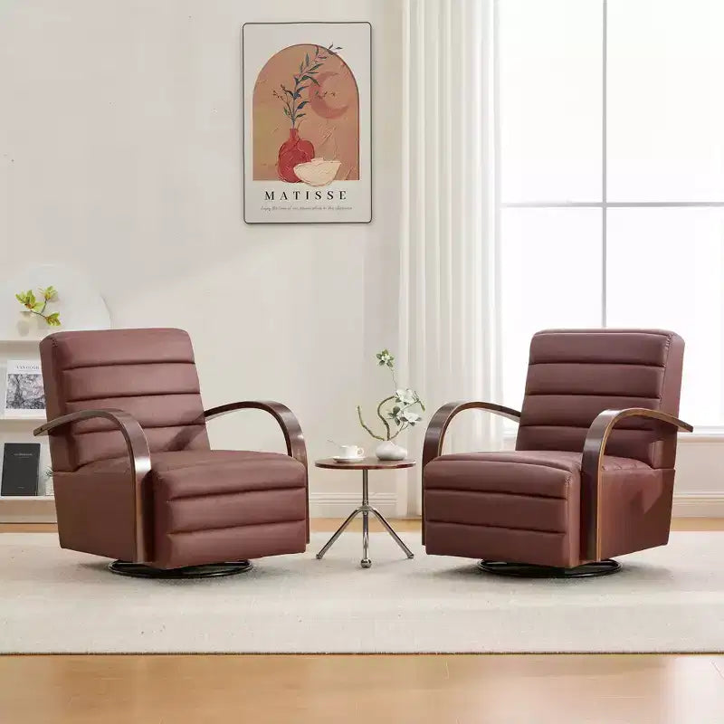 Mid-Century Upholstered Swivel Lounge Chair with Solid Wood Armrests, Accent Chair for Living Room
