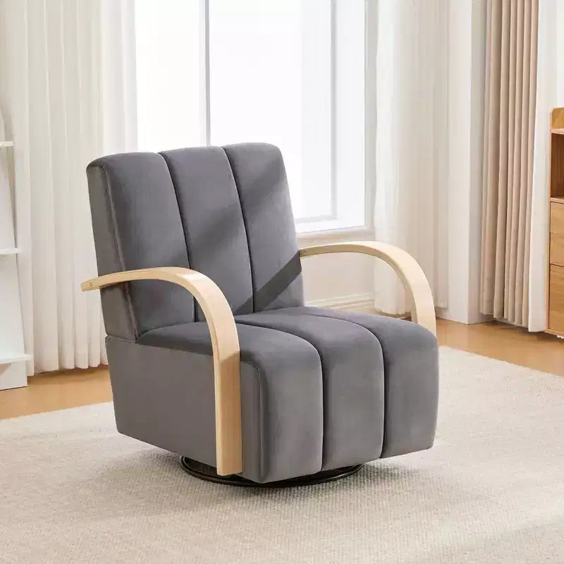 Mid-Century Upholstered Swivel Lounge Chair with Solid Wood Armrests, Accent Chair for Living Room
