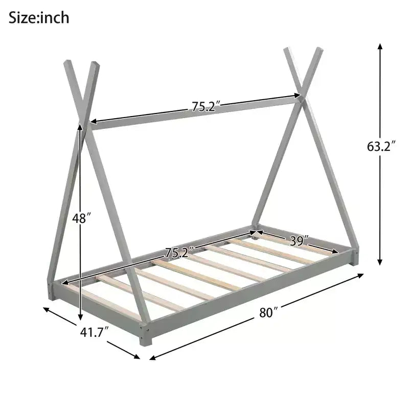 Twin Size Montessori House Bed Frame, Tent Design Floor Platform Bed for Boys & Girls, Pine & MDF