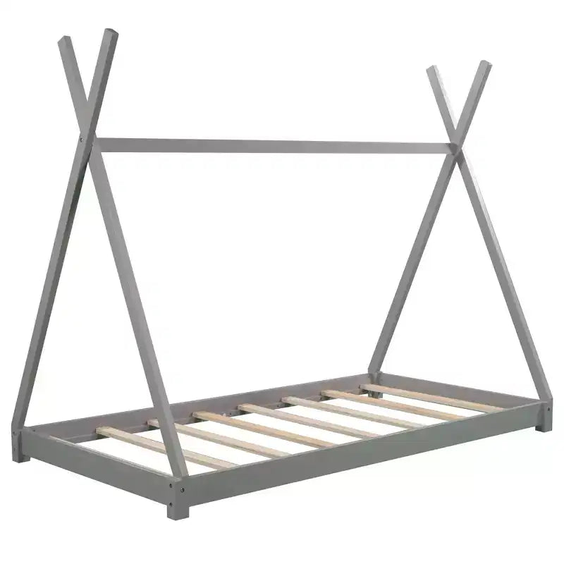 Twin Size Montessori House Bed Frame, Tent Design Floor Platform Bed for Boys & Girls, Pine & MDF