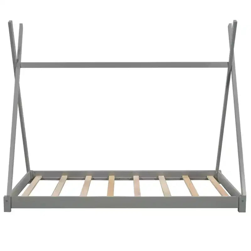 Twin Size Montessori House Bed Frame, Tent Design Floor Platform Bed for Boys & Girls, Pine & MDF