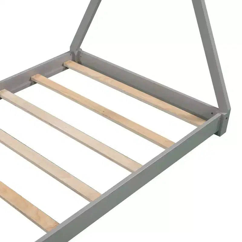 Twin Size Montessori House Bed Frame, Tent Design Floor Platform Bed for Boys & Girls, Pine & MDF