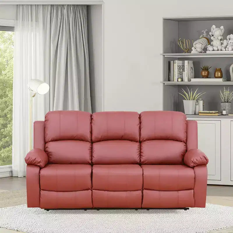 Electric 3-Seat Power Reclining Sofa with Reversible Coffee Table, Leather Upholstery, Red