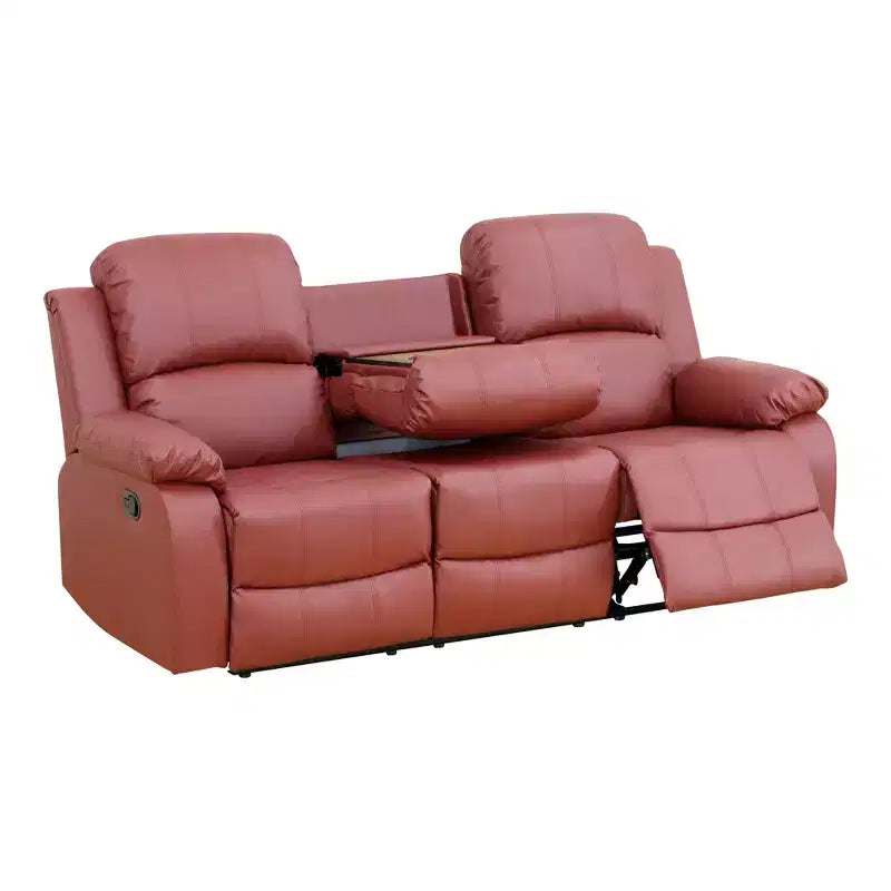 Electric 3-Seat Power Reclining Sofa with Reversible Coffee Table, Leather Upholstery, Red