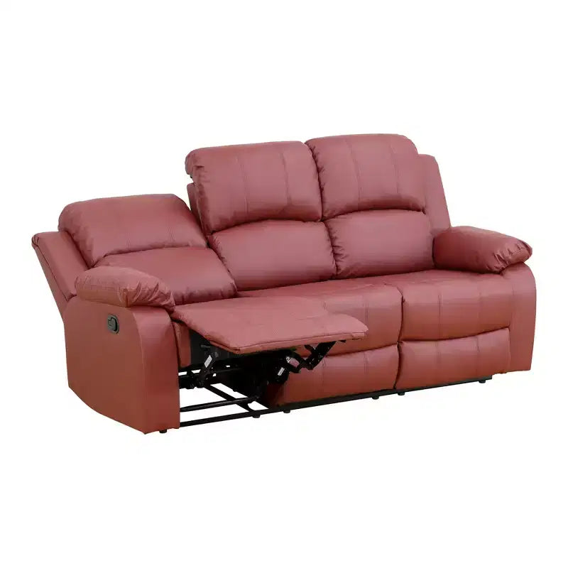 Electric 3-Seat Power Reclining Sofa with Reversible Coffee Table, Leather Upholstery, Red