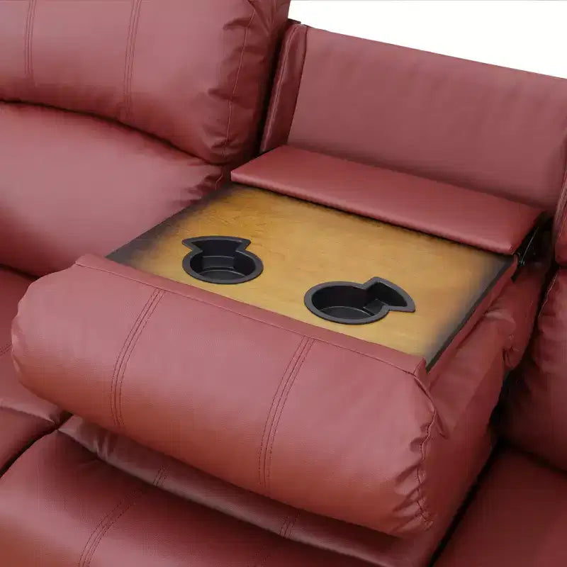 Electric 3-Seat Power Reclining Sofa with Reversible Coffee Table, Leather Upholstery, Red