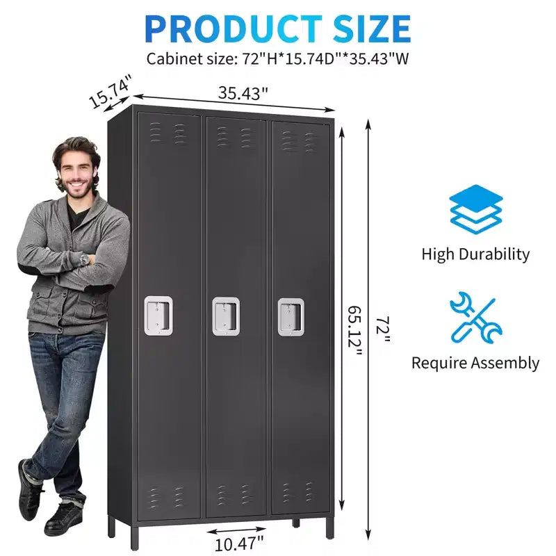 3-Door Metal Locker with 9 Hooks & 3 Shelves, 72" Steel Storage Locker for Home, Office, Gym & School