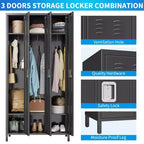 3-Door Metal Locker with 9 Hooks & 3 Shelves, 72" Steel Storage Locker for Home, Office, Gym & School