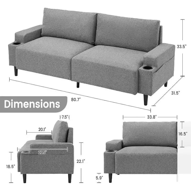 81" 3-Seater Comfort Loveseat Sofa with Cup Holders, Storage Pockets & Deep Cushions, Living Room