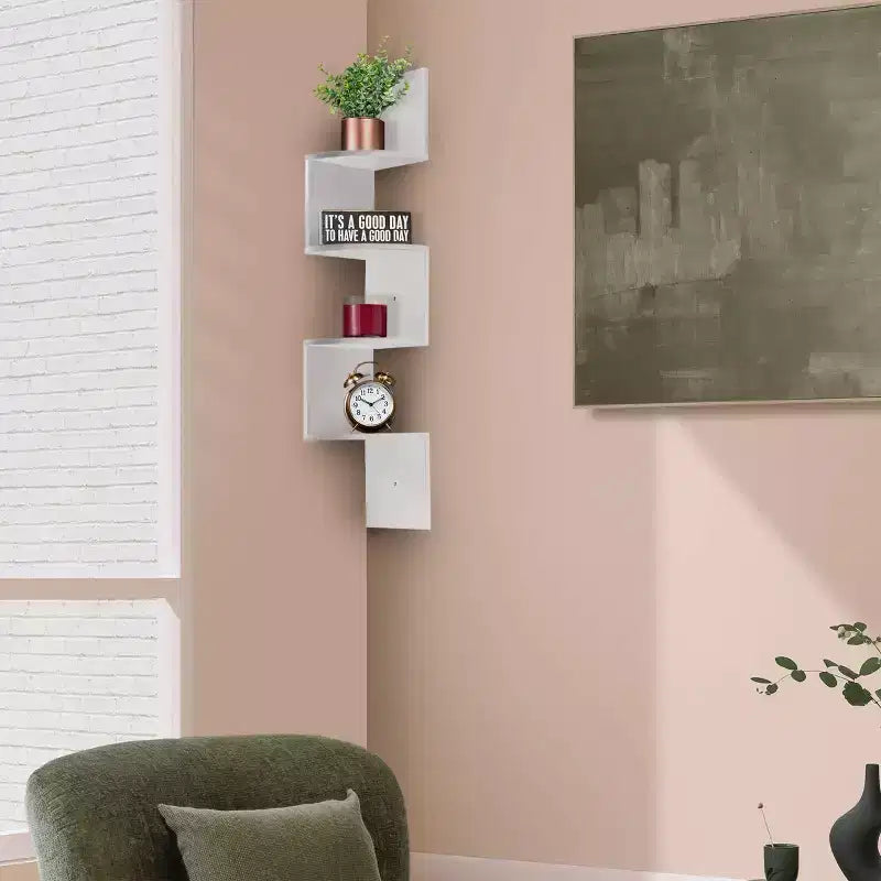 5-Tier Zig Zag Floating Corner Wall Bookshelf, 40" Tall, Space-Saving Storage for Living Room & Bedroom