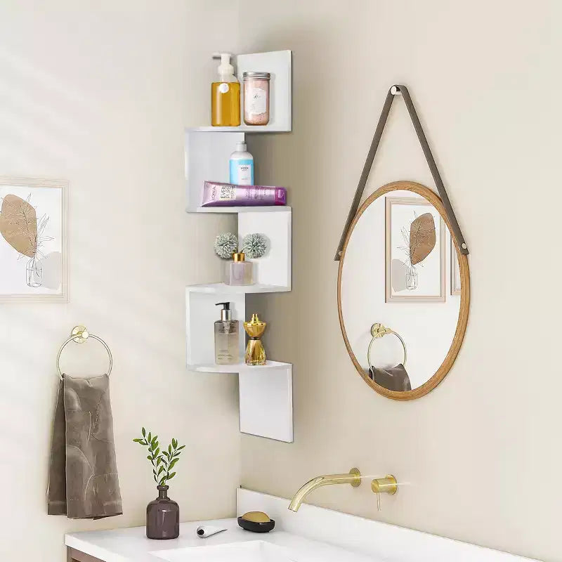 5-Tier Zig Zag Floating Corner Wall Bookshelf, 40" Tall, Space-Saving Storage for Living Room & Bedroom