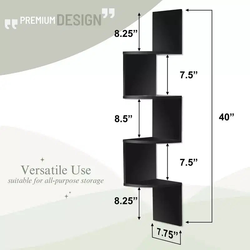 5-Tier Zig Zag Floating Corner Wall Bookshelf, 40" Tall, Space-Saving Storage for Living Room & Bedroom
