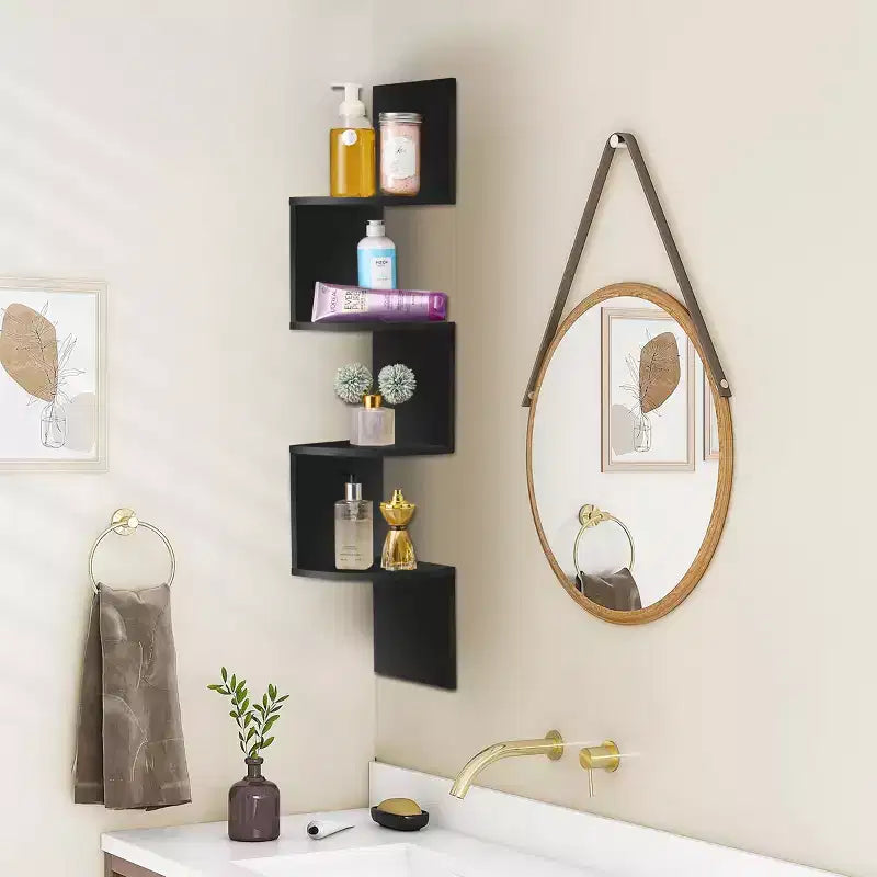 5-Tier Zig Zag Floating Corner Wall Bookshelf, 40" Tall, Space-Saving Storage for Living Room & Bedroom