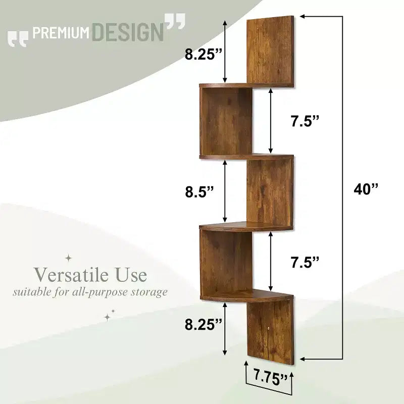 5-Tier Zig Zag Floating Corner Wall Bookshelf, 40" Tall, Space-Saving Storage for Living Room & Bedroom