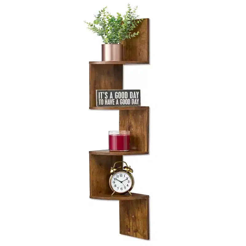 5-Tier Zig Zag Floating Corner Wall Bookshelf, 40" Tall, Space-Saving Storage for Living Room & Bedroom
