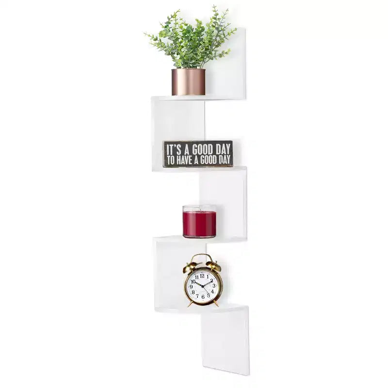 5-Tier Zig Zag Floating Corner Wall Bookshelf, 40" Tall, Space-Saving Storage for Living Room & Bedroom