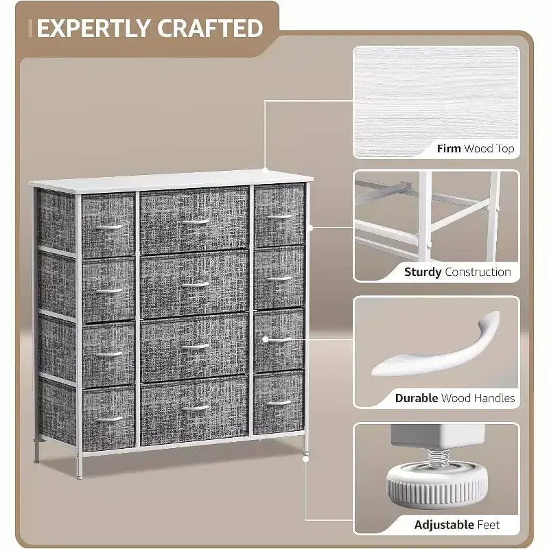12-Drawer Dresser Chest Organizer with Steel Frame & Wood Top, Large Storage for Bedroom & Nursery