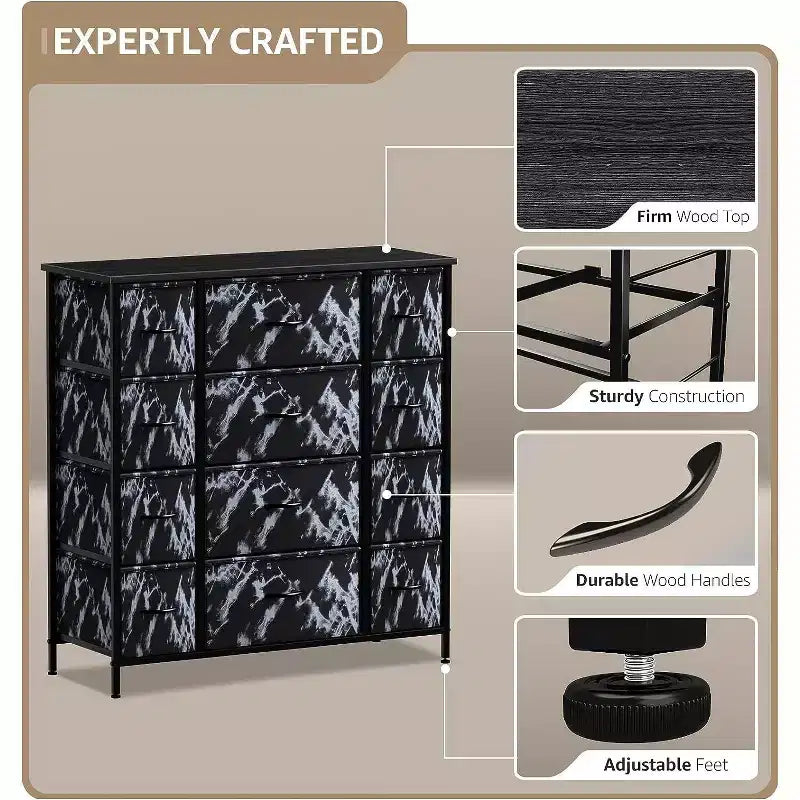 12-Drawer Dresser Chest Organizer with Steel Frame & Wood Top, Large Storage for Bedroom & Nursery
