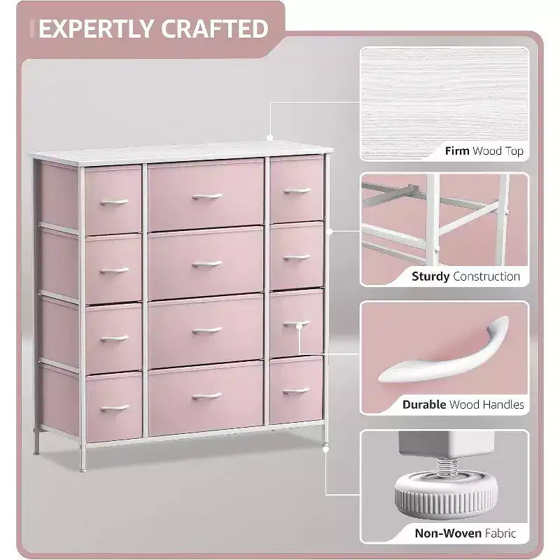 12-Drawer Dresser Chest Organizer with Steel Frame & Wood Top, Large Storage for Bedroom & Nursery