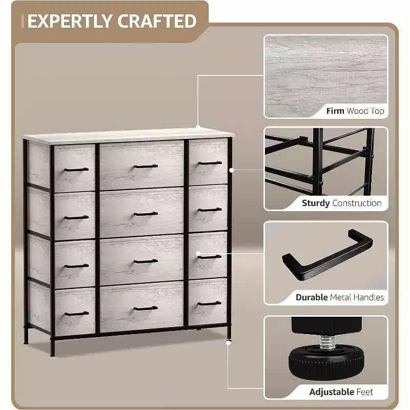12-Drawer Dresser Chest Organizer with Steel Frame & Wood Top, Large Storage for Bedroom & Nursery