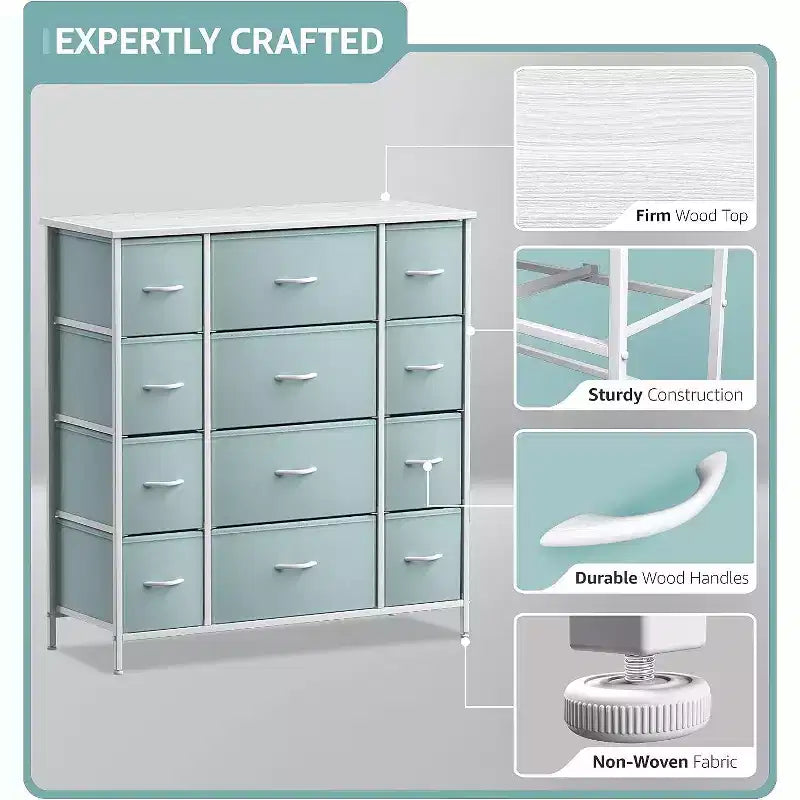 12-Drawer Dresser Chest Organizer with Steel Frame & Wood Top, Large Storage for Bedroom & Nursery