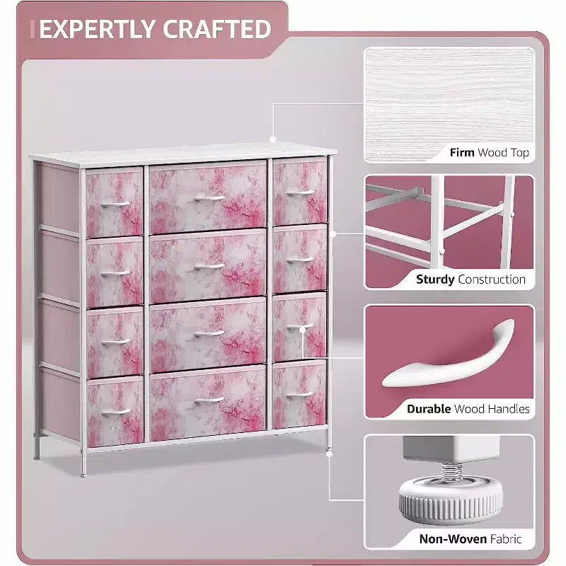 12-Drawer Dresser Chest Organizer with Steel Frame & Wood Top, Large Storage for Bedroom & Nursery