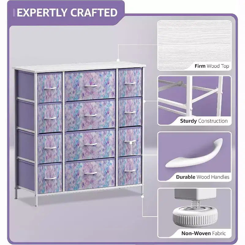 12-Drawer Dresser Chest Organizer with Steel Frame & Wood Top, Large Storage for Bedroom & Nursery