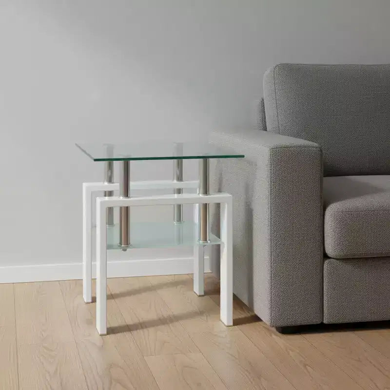 20" Clear Glass & White Metal Square End Table with Storage Shelf