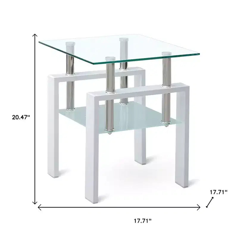 20" Clear Glass & White Metal Square End Table with Storage Shelf