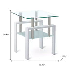 20" Clear Glass & White Metal Square End Table with Storage Shelf
