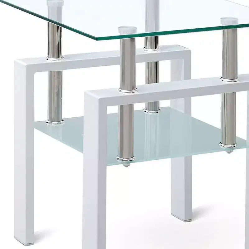 20" Clear Glass & White Metal Square End Table with Storage Shelf