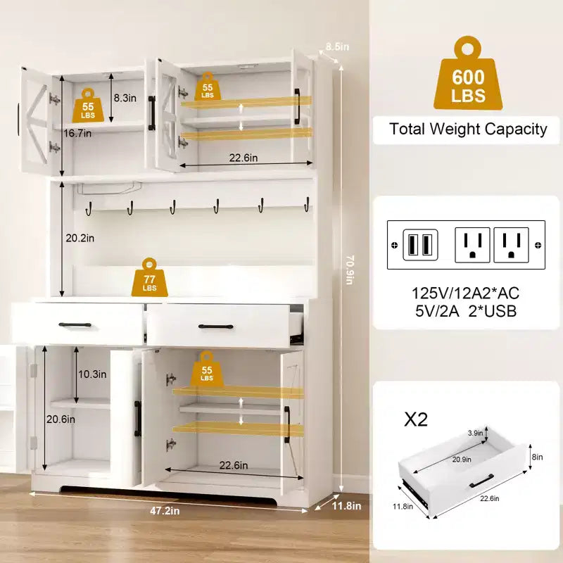 71" LED Kitchen Pantry Cabinet with Power Outlet, Coffee Bar Storage Buffet Hutch & Door Racks