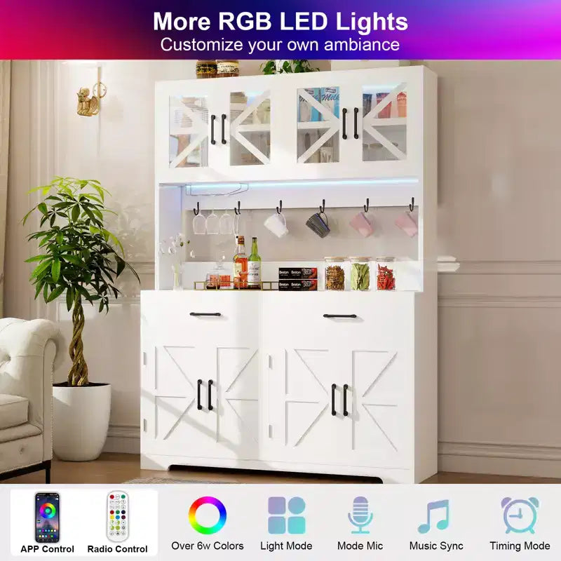 71" LED Kitchen Pantry Cabinet with Power Outlet, Coffee Bar Storage Buffet Hutch & Door Racks