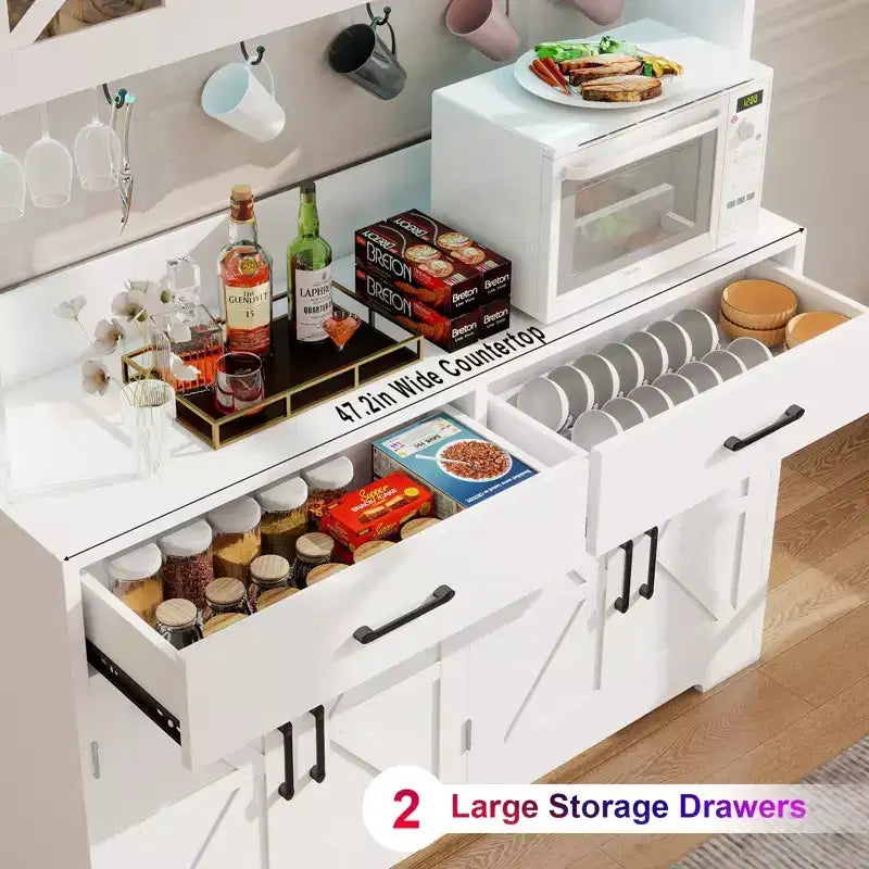 71" LED Kitchen Pantry Cabinet with Power Outlet, Coffee Bar Storage Buffet Hutch & Door Racks