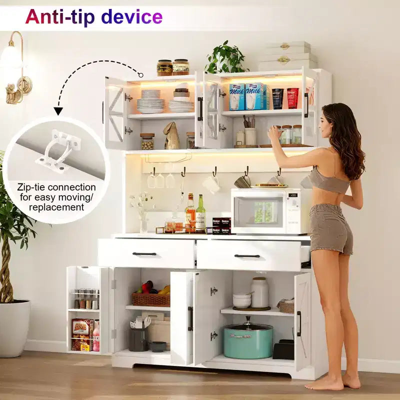 71" LED Kitchen Pantry Cabinet with Power Outlet, Coffee Bar Storage Buffet Hutch & Door Racks