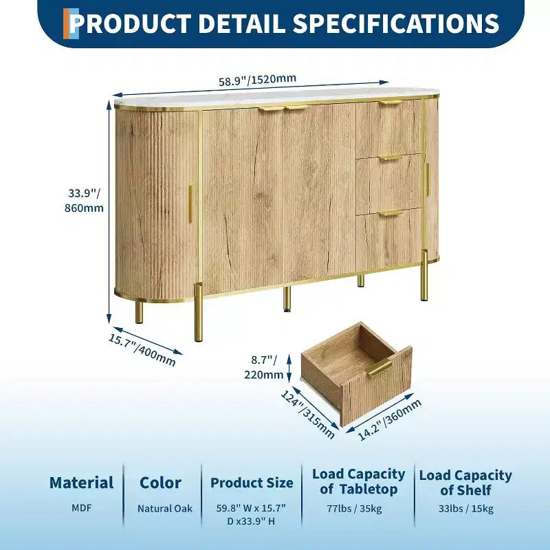 59" Modern Oval Fluted Sideboard Cabinet with 3 Drawers & Adjustable Shelf, Wood Console for Dining Room