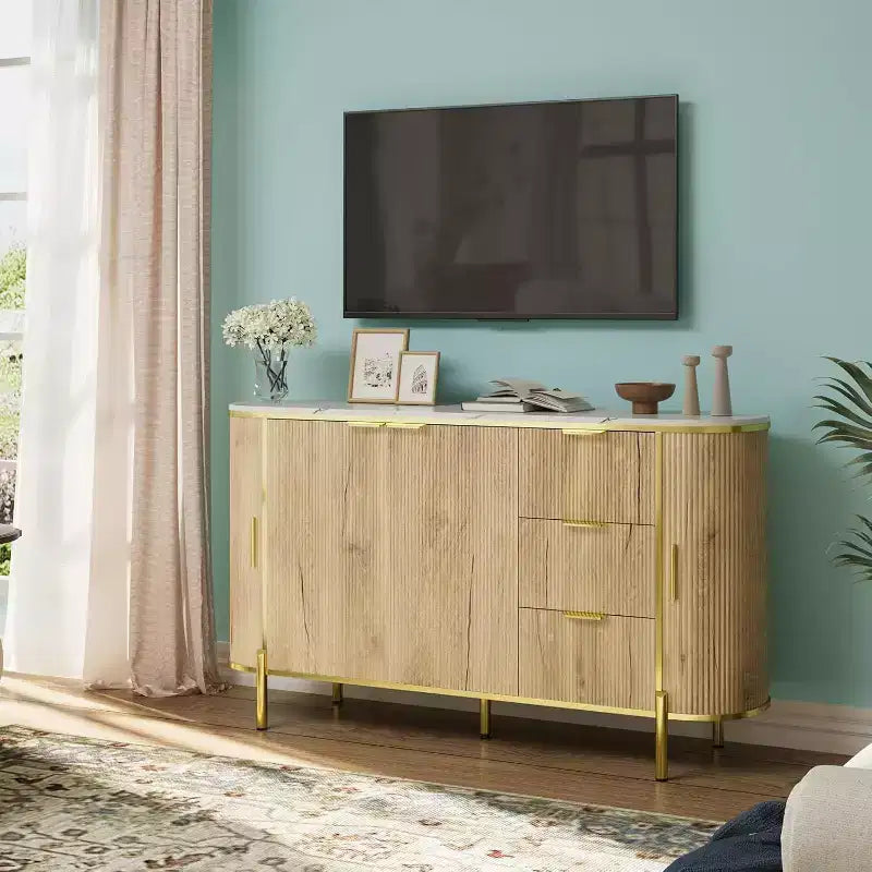 59" Modern Oval Fluted Sideboard Cabinet with 3 Drawers & Adjustable Shelf, Wood Console for Dining Room