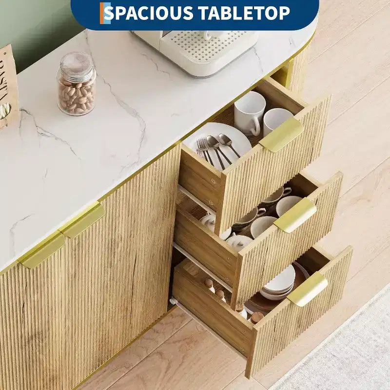 59" Modern Oval Fluted Sideboard Cabinet with 3 Drawers & Adjustable Shelf, Wood Console for Dining Room