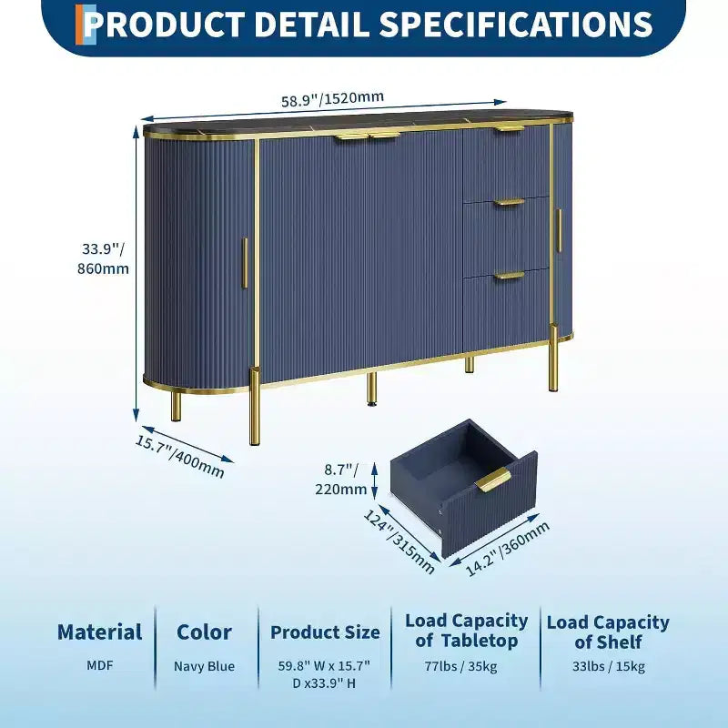 59" Modern Oval Fluted Sideboard Cabinet with 3 Drawers & Adjustable Shelf, Wood Console for Dining Room