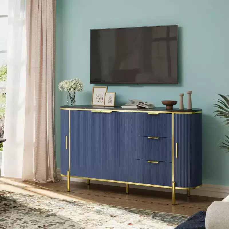 59" Modern Oval Fluted Sideboard Cabinet with 3 Drawers & Adjustable Shelf, Wood Console for Dining Room