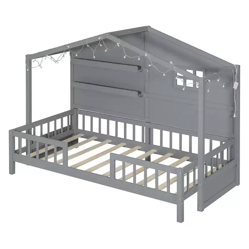 Twin Size House Bed with Storage Shelves, Rails, Window & Sparkling Light Strip, Wood Montessori Kids Bed