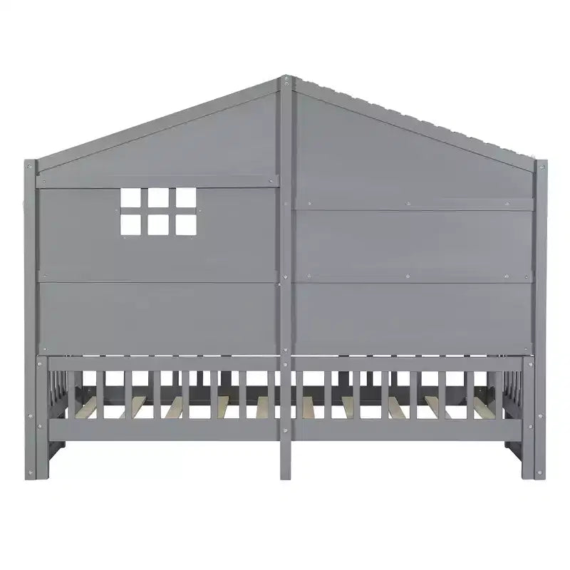 Twin Size House Bed with Storage Shelves, Rails, Window & Sparkling Light Strip, Wood Montessori Kids Bed