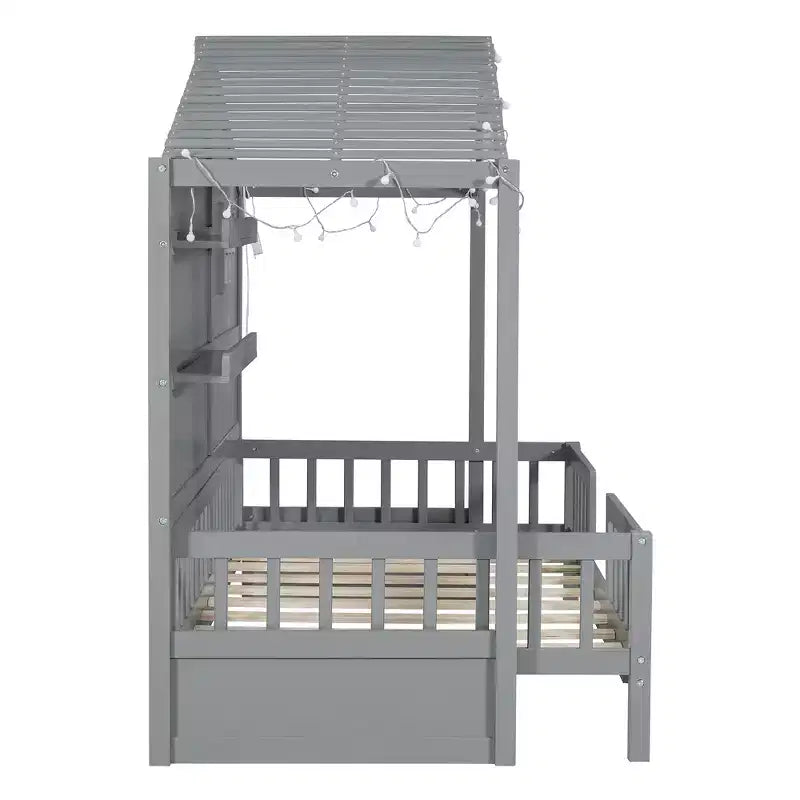 Twin Size House Bed with Storage Shelves, Rails, Window & Sparkling Light Strip, Wood Montessori Kids Bed