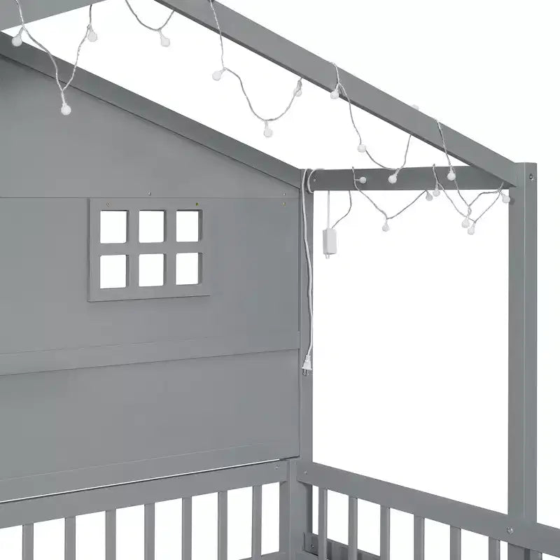 Twin Size House Bed with Storage Shelves, Rails, Window & Sparkling Light Strip, Wood Montessori Kids Bed