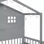 Twin Size House Bed with Storage Shelves, Rails, Window & Sparkling Light Strip, Wood Montessori Kids Bed