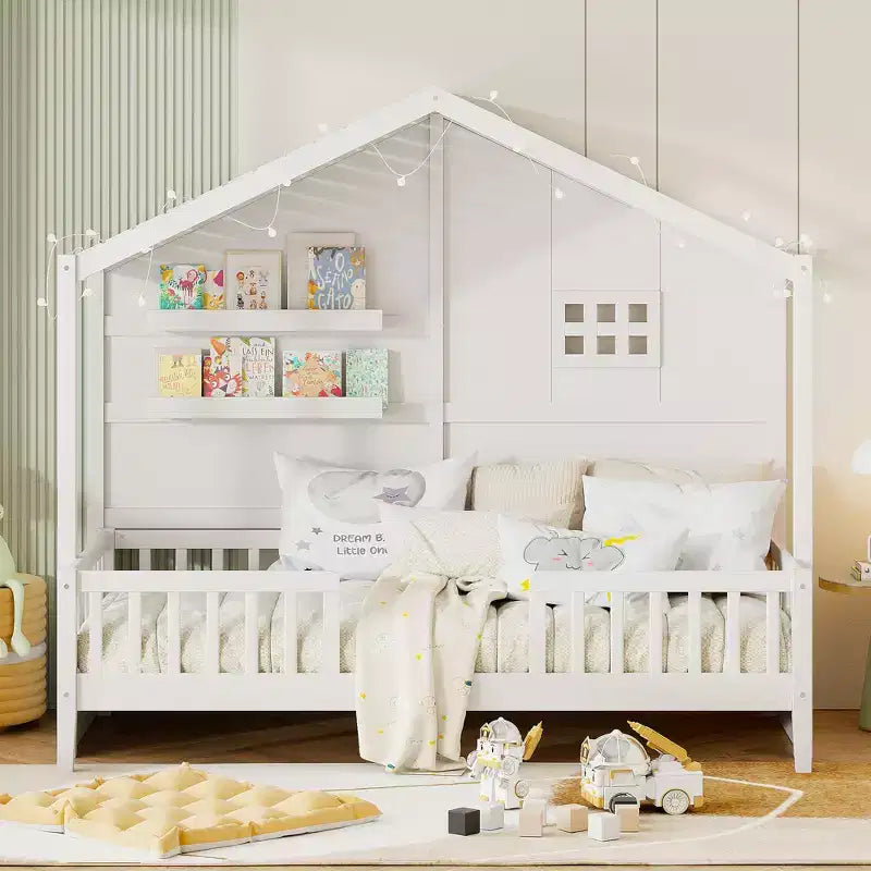 Twin Size House Bed with Storage Shelves, Rails, Window & Sparkling Light Strip, Wood Montessori Kids Bed
