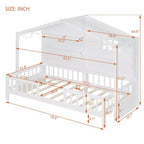 Twin Size House Bed with Storage Shelves, Rails, Window & Sparkling Light Strip, Wood Montessori Kids Bed