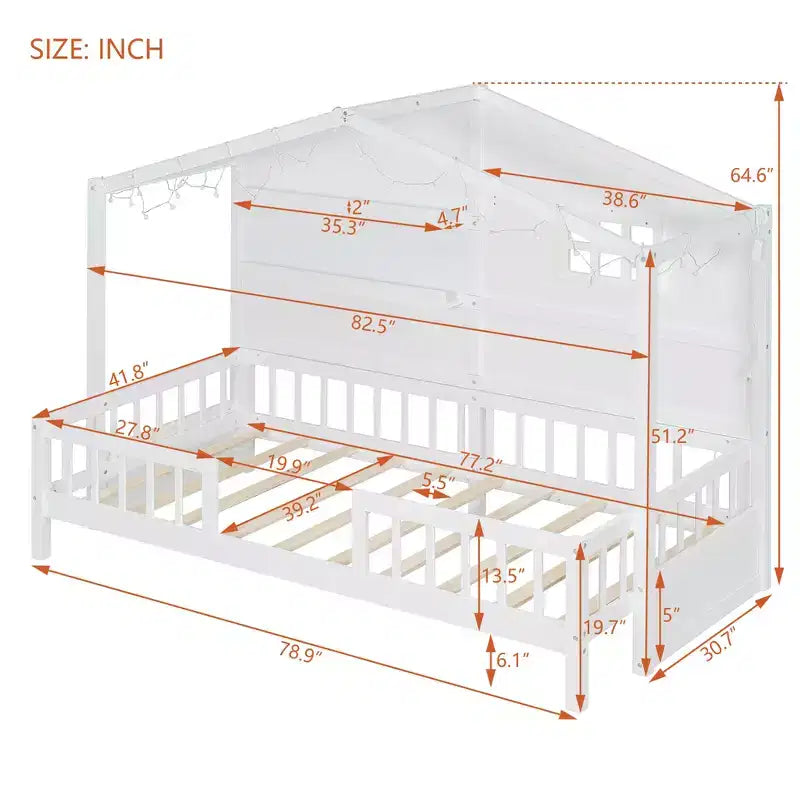 Twin Size House Bed with Storage Shelves, Rails, Window & Sparkling Light Strip, Wood Montessori Kids Bed